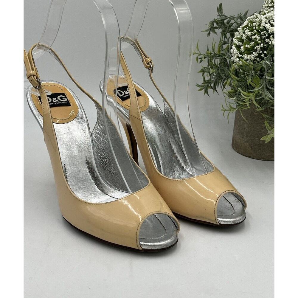 DOLCE & GABBANA D&G Patent Leather Beige Sling Back Heels Sz 36.5/6 US‎ Peep Toe